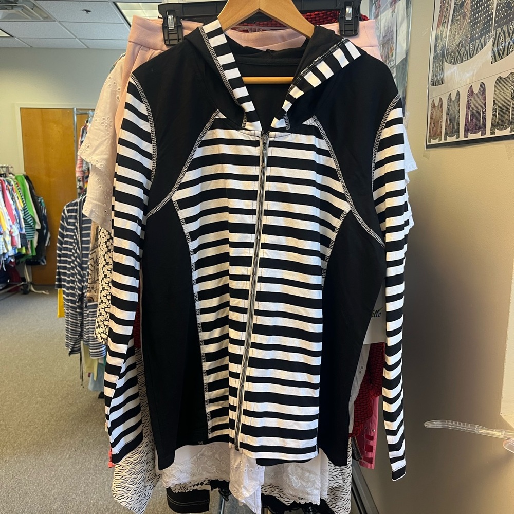 Black and White Striped Zip-Up Hoodie